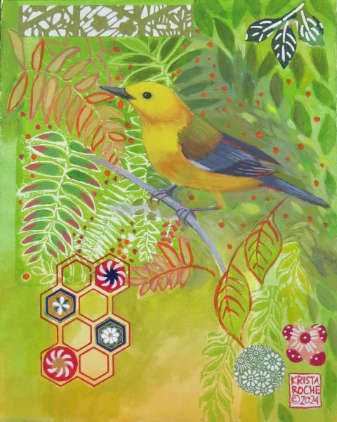 Garder Visitor 1 (Prothonotary Warbler) | 10' x 8" | acrylic/collage | $450.00