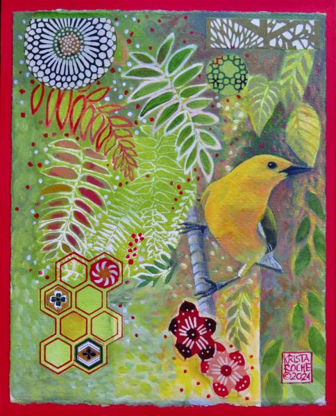 Garden Visitor 3 (Prothonotary Warbler) | 10' x 8" | acrylic/collage | $450.00