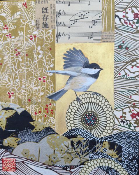 Chickadee Capers 1 | 10' x 8" | acrylic/collage | $450.00
