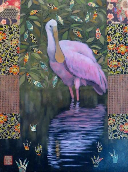 Spoonbill in a Shadow World | 16" x 12" | acrylic/collage | $750.00