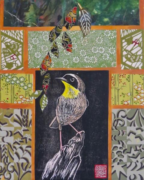 At Water's Edge 2 (Common Yellowthroat) | 10"x8" | acrylic/collage | $450.00