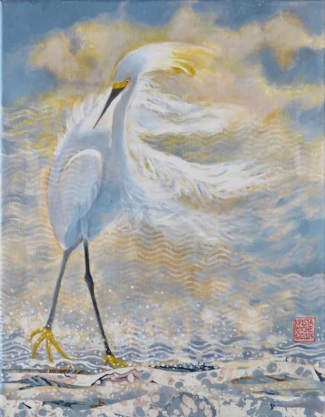 Wind Dancer 3 (Snowy Egret) | 14"x11" | acrylic/collage | $650.00