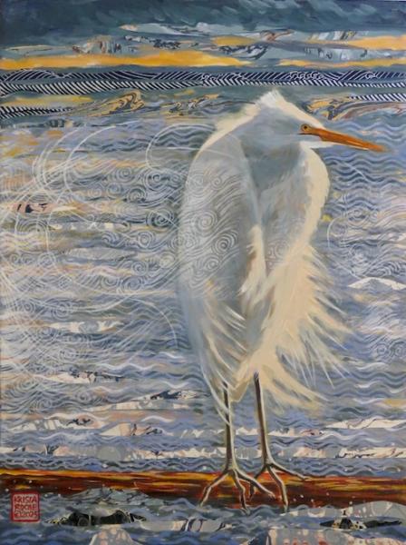 Chill Wind with Egret 1 (Great Egret) | 16"x12" | acrylic/collage | $750.00