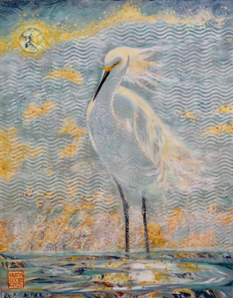 Snowy Egret in Wind | 14" x 11" }  acrylic/collage \ $650.00