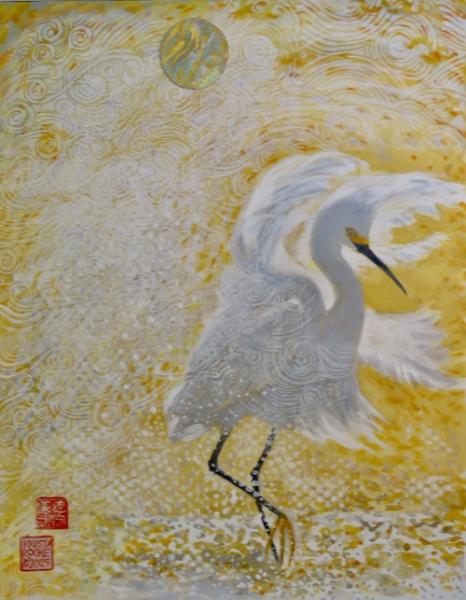 Wind Dancer 2 (Snowy Egret) | 14" x 11" | acrylic/collage | $650.00