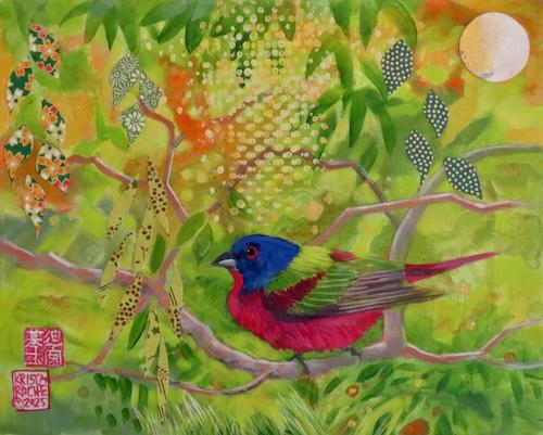 Leafy Hiding Place (Painted Bunting) | 8" x  10 | acrylic/collage | $450.00