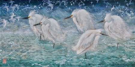 Five Snowy Egrets - Cold Day 2 | Acrylic and Collage | 12" x 24" | $795.00