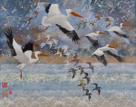 Pelicans Aloft |Acrylic and Collage on Linen | 16" x 20" |©2020 by Krista  Roche | SOLD