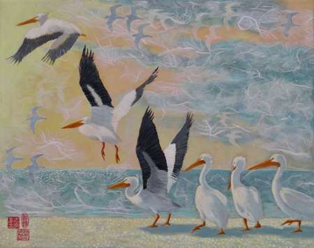 Pelicans Lift-Off | Acrylic | Acrylic and Collage on Linen | 16" x 20" |©2020 by Krista  Roche | SOLD