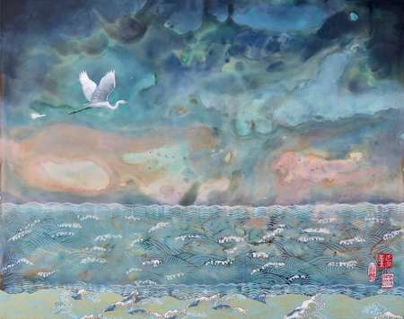 Egret Over Waves | Acrylic and Collage | 16" x 20" | $750.00