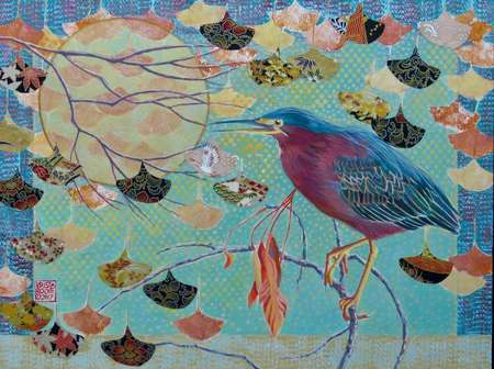 Green Heron - Autumn | Acrylic and Collage| 12" x 16" | $550.00