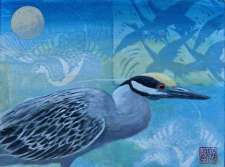 Moonlight Stalking (Yellow-crowned Night Heron) |Acrylic and Collage | 6" x 8" | $220.00