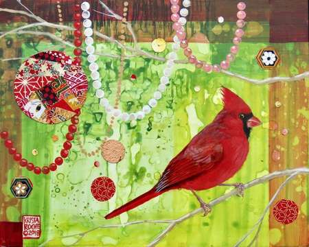 Mardi Gras Bird | Acrylic and Collage | 8" x 10" |©2020 by Krista  Roche | SOLD