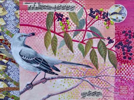 Vivace (Mockingbird) | Acrylic and Collage | 9" x 12' |©2020 by Krista  Roche | SOLD