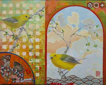 Portal Into Spring 10 (Prothonotary Warbler)| Acrylic and Collage | 11" x 14" | $475.00