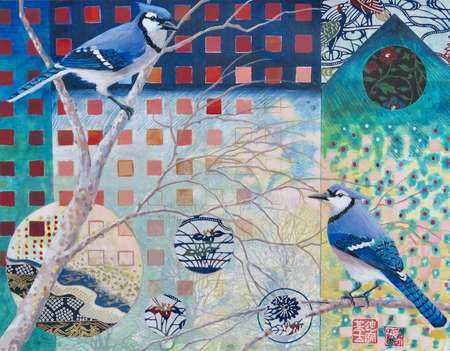 Morning Visitors (Blue Jays) | Acrylic and Collage | 11" x 14" | $650.00