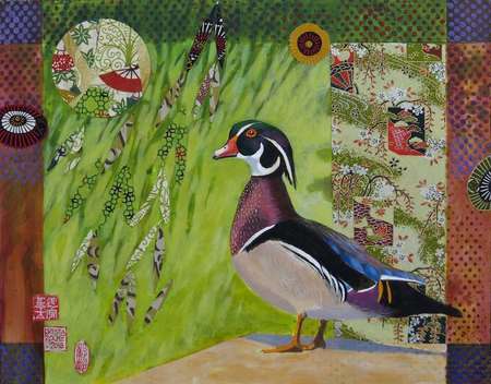 Wood Duck Under Willows 2 | Acrylic and Collage | 11" x 14" | $495.00
