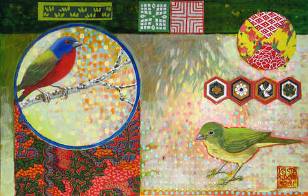 Spring Song 4 (Painted Buntings) | Acrylic and Collage | 8" x 10" | $425.00