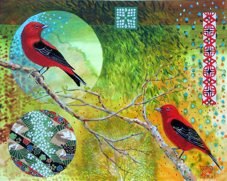 Spring Song 3 (Scarlet Tanagers) |Acrylic and Collage | 8" x 10" |
$425.00