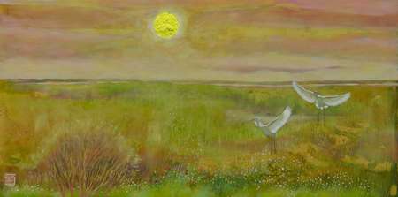 Spring Marsh - Dawn 3 | Acrylic and Collage on board | 12" x  24" | $795.00
