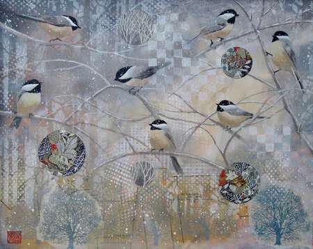 Winter Chickadees | Acrylic and Collage | 16" x 20" | $795.00