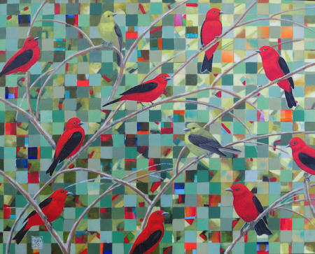 Summer Tanagers | Acrylic and Collage | 20" x 16" |©2020 by Krista  Roche | SOLD