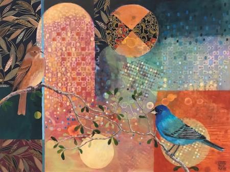 Au Printemps 7 (Indigo Buntings) | Acrylic and Collage | |©2020 by Krista  Roche | SOLD