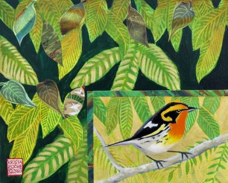 Window into the Forest 2 (Blackburnian Warbler) | Acrylic and Collage | 8" x 10" | $425.00