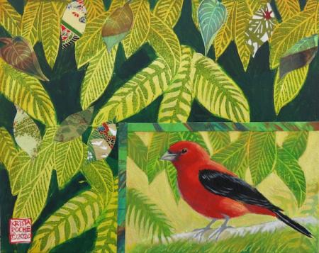 Window into the Forest 1 (Scarlet Tanager) | Acrylic and Collage | 8" x 10" | $325.00