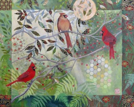 Window into a Summer Garden (Northern Cardinals) | Acrylic and Collage | 16" x 20" | $795.00