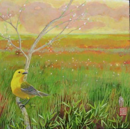 Spring Wetland 4 (Prothonotary Warbler) | Acrylic and Collage | 12" x 12" | $550.00