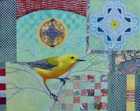 Return of the Sunshine Bird (Prothonotary Warbler | Acrylic and Collage | 8" x 10 " | $325.00