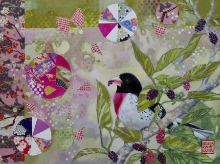 Mulberry Time (Rose-breasted Grosbeak) | Acrylic and Collage | 9" x 12" | $450.00