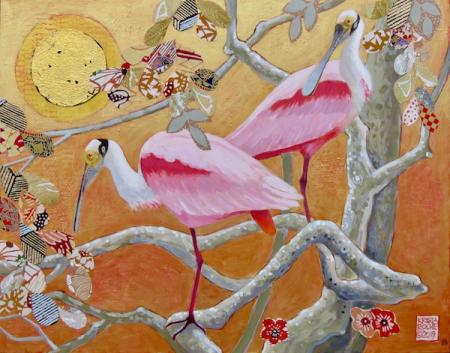 In a Golden Rose-colored World 2 (Roseate Spoonbills)| Acrylic and Collage | 16" x 20" | SOLD