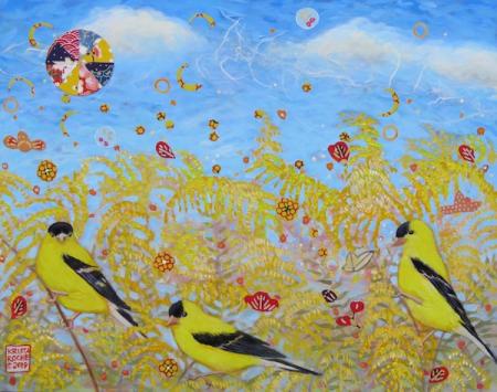 Composition in Blue and Yellow (American Goldfinches) | Acrylic and Collage | 11" x 14' | $550.00 | SOLD