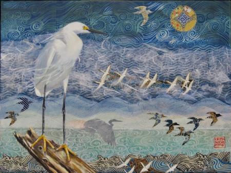 Egret in Sea Wind | Acrylic and Collage on Board | 9" x 12" ||©2020 by Krista  Roche | SOLD
