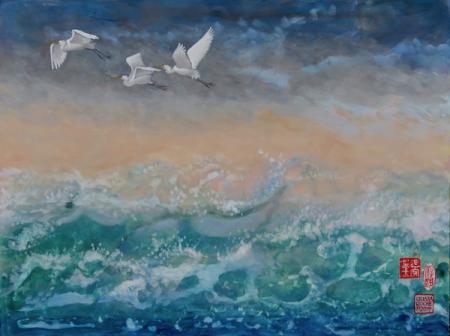 Three Egrets Over Waves | Acrylic and Collage on Board | 9" x 12' |©2020 by Krista  Roche | SOLD