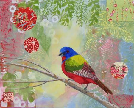 Delight in the Branches 3 (Painted Bunting) | 8" x 10" | acrylic/collage | $395.00