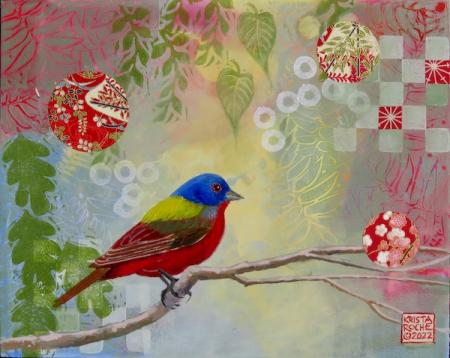 Delight in the Branches 2 (Painted Bunting) | 8" x 10" | acrylic/collage | $395.00