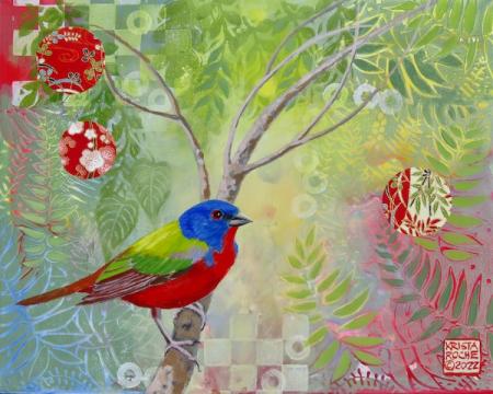 Delight in the Branches 1 (Painted Bunting) | 8" x 10" | acrylic/collage | $395.00