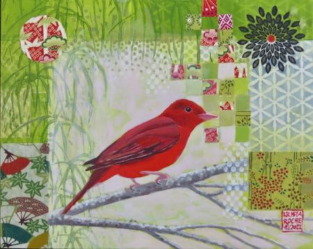 Summer Tanager in Spring Green 1 | 8" x 10" | acrylic/collage | $395.00 