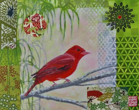 Summer Tanager in Spring Green 2 | 8" x 10" | acrylic/collage | $395.00 