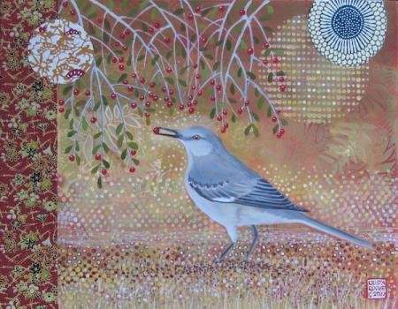 Mockingbird with Winter Berries | 11' x 14" | acrylic/collage | $650.00