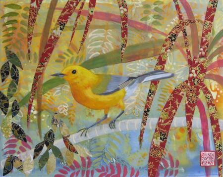 Bird of Light in the Tropics 1 (Prothonotary Warbler) | 8" x 10" | acrylic/collage | $395.00 | SOLD