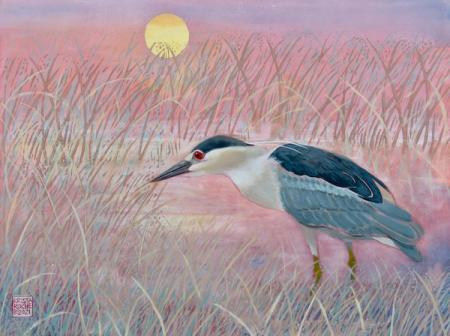 Sunset Stalking (Black-crowned Night Heron) | 12' x 16" | acrylic/collage | $750.00 