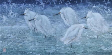 Five Snowy Egrets -- Cold Day | acrylic | 12" x 24' | $850.00