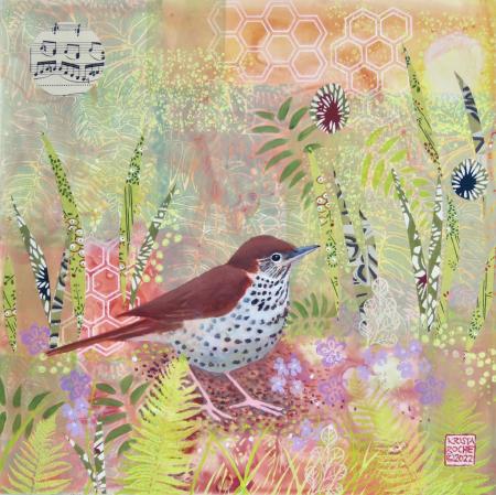 In Memory of a Wood Thrush 1 | 12" x 12" | acrylic/collage | $625.00