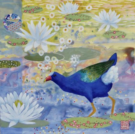 Among the Lilies 2 (Purple Gallinule | 12" x 12" | acrylic/collage | $625.00