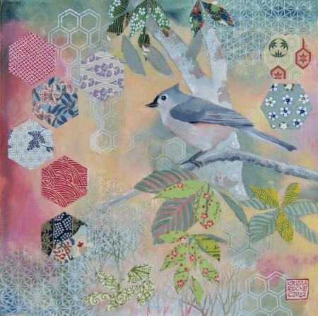 Garden Visitor 1 (Tufted Titmouse) | 12" x 12" | acrylic/collage | $625.00