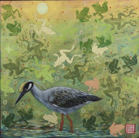 Frog Dreams - Yellow-crowned Night Heron | 12" x 12" | acrylic/collage | $625.00